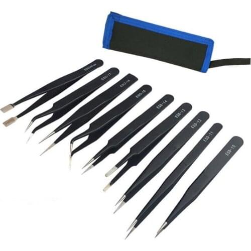 9Pcs Precision ESD Anti-Static Stainless Steel Tweezers Set for Electronics Mobile Phone Repair Tools Kit