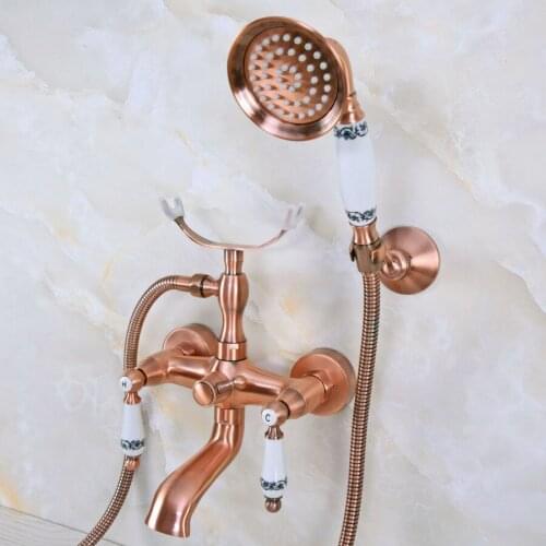 Antique Red Copper Wall Mounted Bathroom Tub Faucet Dual Ceramic Handles Telephone Style Hand Shower Clawfoot Tub Filler ana376