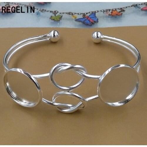 REGELIN Silver Plated Open Cuff Bracelet Settings Double Round Blank Base Trays Bezel 20mm Cabochon Cameo DIY Bracelet Findings
