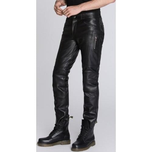 Genuine Leather Pants Men Real Leather Sheepskin Motorcycle Vintage Black Male Trousers Autumn Winter Streetwear Pants Big Size