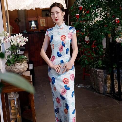 Cheongsam 2020 New Product Simulation Silk Double Long Qipao Daily Performance Large Size Catwalk Banquet Cheongsam Dress 치파오