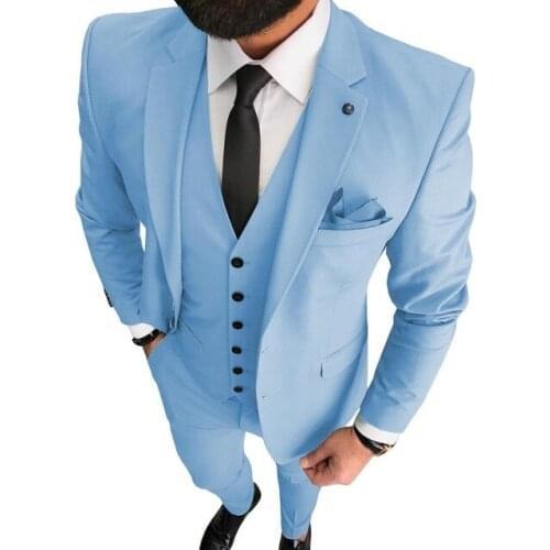 Custom Made Sky Blue Groom Wedding Suits For Men Fashion Slim Fit Best Man Blazer Terno Masculino 3 Pieces Jacket Vest Pants Set