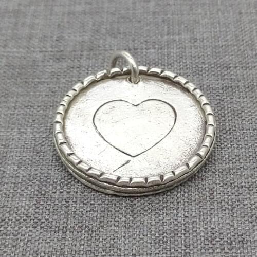 Karen Hill Tribe Silver Heart Circle Charm 2-Sided Love Pendant for Pendant