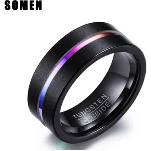 Somen New Trendy Ring Men 8mm Black Tungsten Ring Frosted Rainbow Groove Polished Engagement Rings Men Party Jewelry Bague Homme