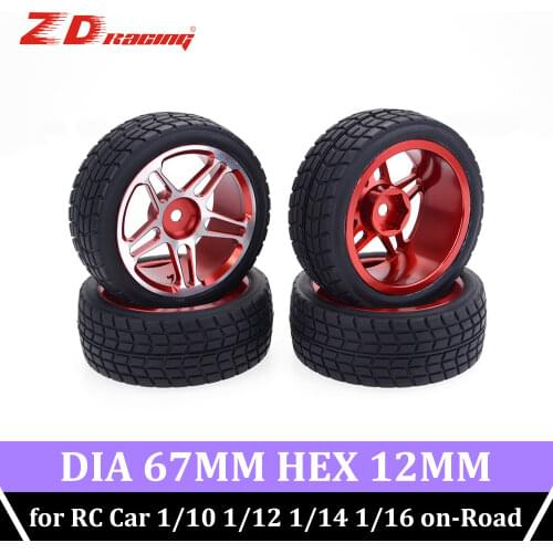 ZD Racing 4pcs Rc Wheel Tire 67MM Tires 12mm Hex Rims Hub Aluminum for RC Car 1/10 1/12 1/14 1/16 on-Road Redcat Traxxas WLtoys