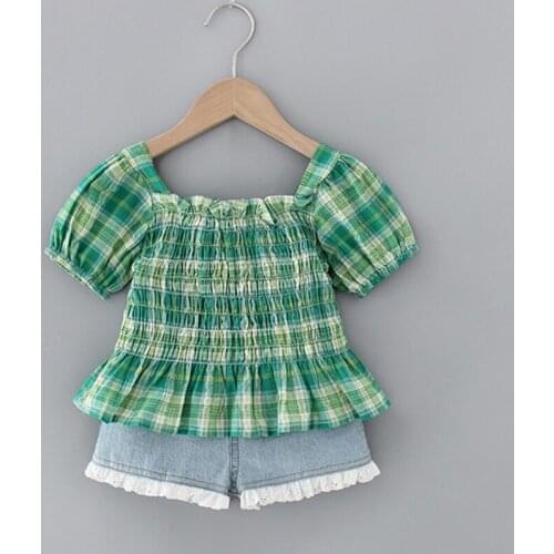 Summer Baby Girls Clothing Green Plaid Tops+ Denim Shorts 2Pcs Outfits Girls Plaid Shirt Denim Shorts Two-piece Set