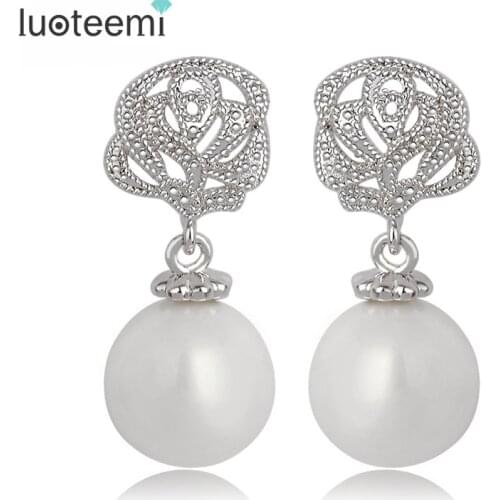 LUOTEEMI Trendy Classic Imitation Pearl Earrings for Women Rose Flower Shape Brincos Fashion Wedding Jewelry