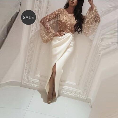 Muslim Evening Dresses Sheath Long Sleeves Pearls Slit Sexy Islamic Dubai Saudi Arabic Long Elegant Evening Gown Prom