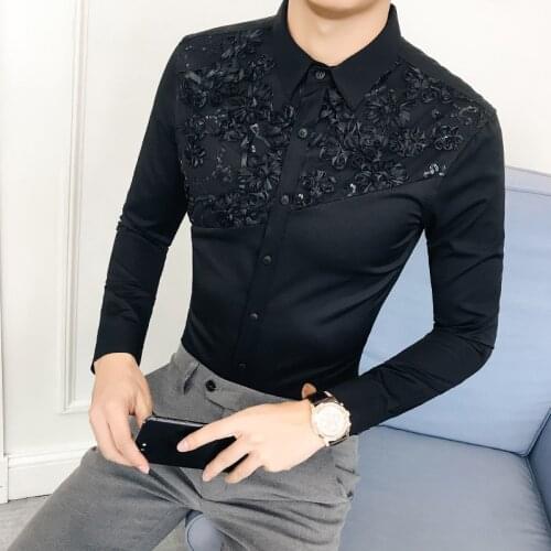 2019 Autumn Winter Korean Man Long Sleeve Shirt Lace Lace Split Joint Hairstyle Division British Style Hotel Wind Mens Shirts