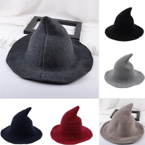 Hirigin 5 Colors New Women Halloween Wizard Hat Fancy Dress Ball Knitted Solid Color Casual Warm Pointed Cap Party Accessories