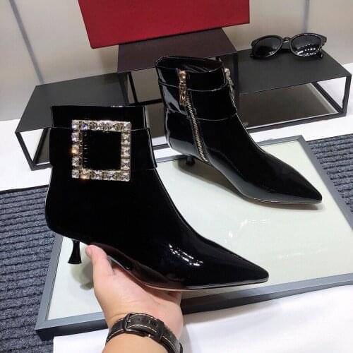 2021 Newest Winter Shoes Woman Mature Leather Ankle Boots Woman Short Boots Pointed-Toes Thin Heels Boots Woman Sapato Feminino