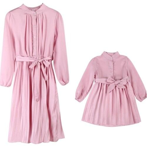 Autumn Silk Women Girls Dress Mother Daughter Dresses Matching Outfits Clothes Pink Imitation Family Look