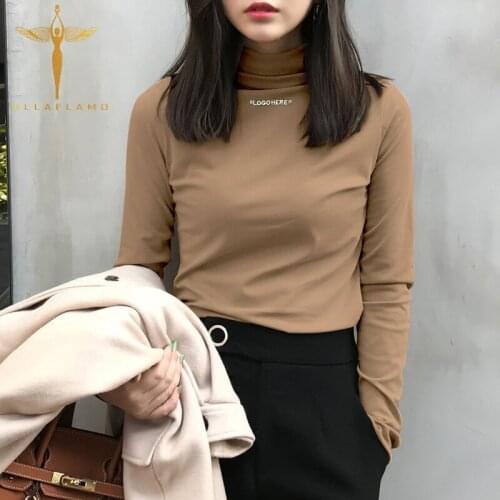 Autumn Slim Turtleneck WomenS Simple Large Size Shirt Letters Embroidered Slim Student Solid Color Long Sleeve Pullover