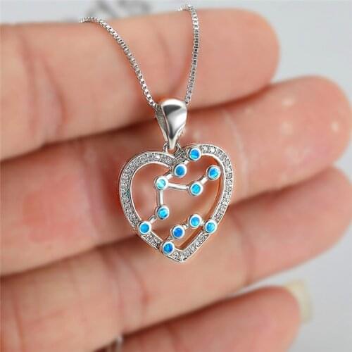 White Blue Opal Hollow Heart Necklace Luxury Crystal Constellation Pendant Necklace Charm Silver Color Chain Necklaces For Women