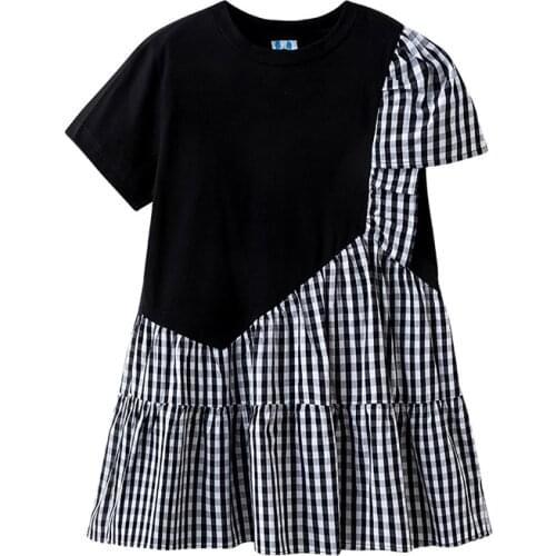 4 To 14Y, Girls Dress Patchwork Plaid Children Casual Dresses 2021 New Summer Kids Clothes Cotton Ruffles Ruched,# 6044