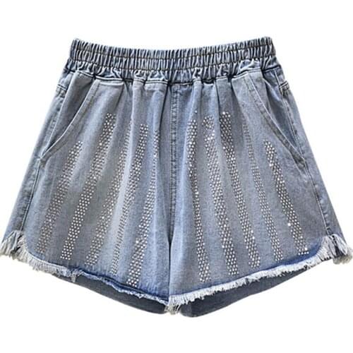 Plus size Womens New Frayed Denim Shorts Hot Pants 100 kg Casual Thin Wide-leg Pants Womens Korean Style Diamond Shorts 4XL