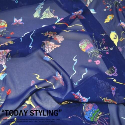 Silk Georgette Chiffon Fabric Dress Large Width 12 momme Navy Blue Flower Clothing DIY Patchwork Tissue