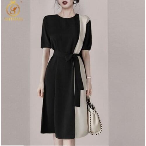 SMTHMA 2021 New Fashion Womens Short Sleeve Summer Dress Ladies Lace Up Slim Waist Black And White Patchwork Dress Vestidos