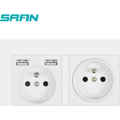 SRAN Brand 2 frame French EU Standard wall socket with usb charge 2 port hidden soft LED Indicator PC panel 146mm*86mm
