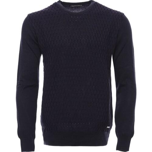 Navy Blue Diamond Patterned Circle Neck Sweater