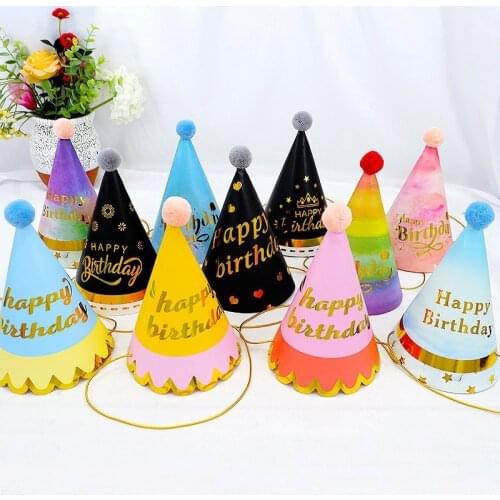 New Color Red Series Party Hats Childrens Birthday Baby First Year Party Decoration Cute Fur Ball Point Triangle Hat 12x19cm