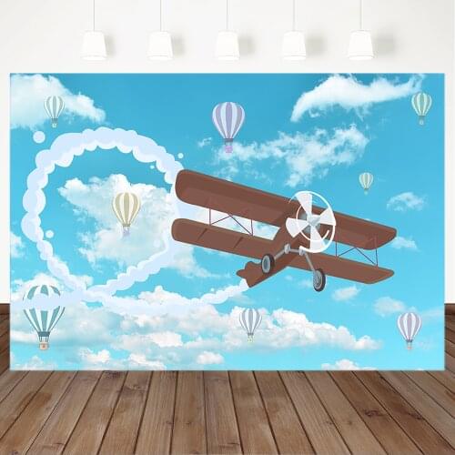Vintage Airplane Birthday Backdrop Hot Air Balloon Baby Shower Photography Background Blue Sky White Clouds Decoration Backdrops