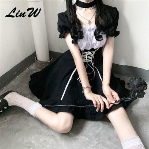 Japanese Lolita Gothic Dress Dark black puff sleeve waist dress Women Vintage Design Maid Kawaii Soft Girl Cute Lolita Dress