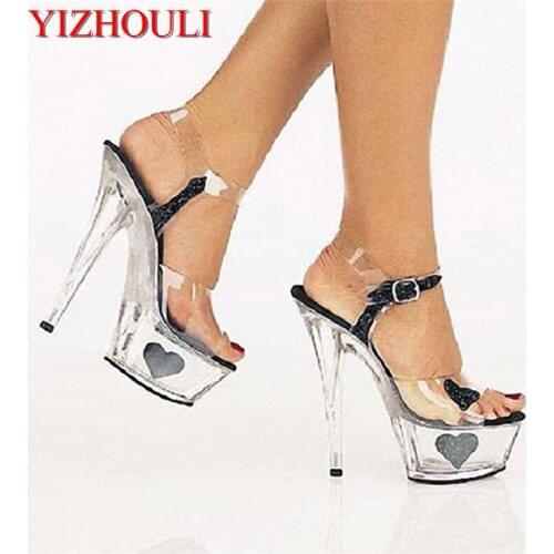 6 inch Womens sweet crystal shining heart Platform Pumps ultra high heels 15cm Nightclub peep toe High heels