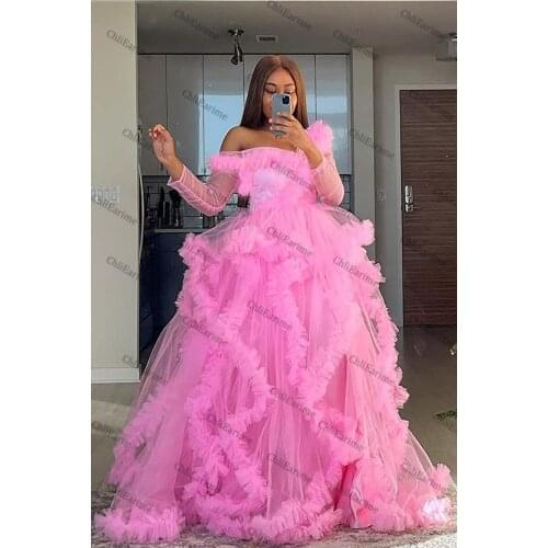 Ladies light luxury fluffy tulle long mopping one-shoulder long-sleeved dress