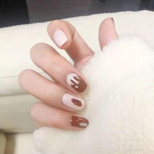 24pcs Fake Nails With Glue Chocolate Milky White Color Wear Long Paragraph Fashion Manicure Patch False Nails Press On Nails DL