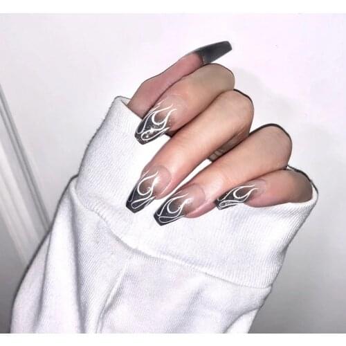 24 Pcs False Nails Flame Fake Nails Hit Color Nail Tips Glitter Artifical Nails French Tips Gradient Coffin Nails Nail Art Tool