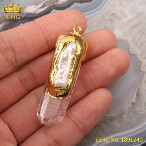 5pcs Natural White Quartz Stones Freeform Point Pendants Necklace,Plated Gold Caps Crystal Stone Point Beads Charms DIY Jewelry