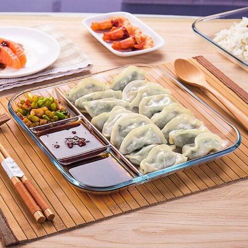 9" /10 " Transparent Heat-resistant Tempered Glass Compartment Tray Rectangle Snack Breakfast Tray Western Steak Dumpling Plate