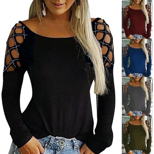 Hollow Out Women T-shirt Tops Autumn Fall Long Sleeve Casual Solid Lady T Shirt Tee Shirt Female Tops S