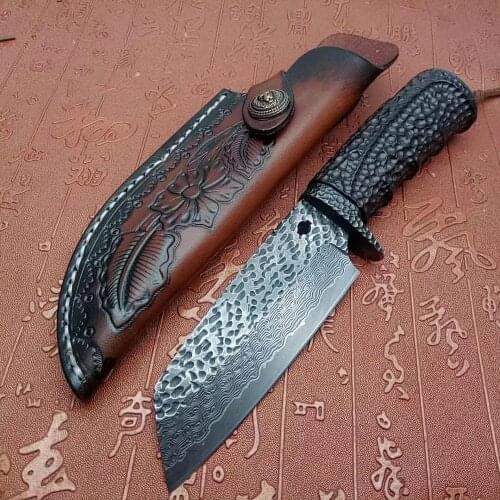 Damascus steel folding forging 76 layers of beautiful texture Samurai 60 HRC VG10 Handmade hunting straight knife leather sheath