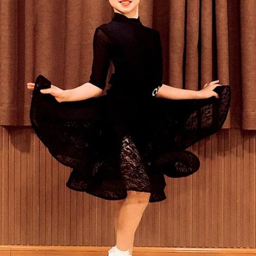 Child Girls Latin Dance Performance Dress Black Lace Skirt Competition Dresses Stage Costume Exam Show Dancing Clothing BL4770