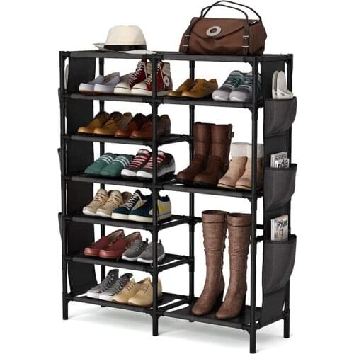 Double Row Shoe Rack with Side bag Bolding Painting Tube Shoes Boots Stand DIY Storage Organizer Holder Dustproof Shoe Cabinet