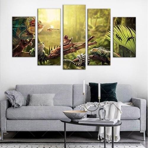 Canvas Wall Art Home Decor Prints Poster 5 Pieces Iguana Snail Gecko Reptiles Snake Painting Peaceful Forest Life Pictures Frame