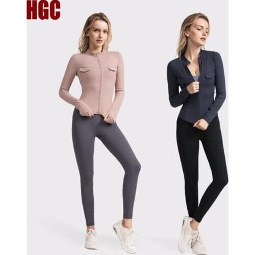 HGC Yoga Suit Women Naked Feel Long Sleeve Jacket Sport Leggings With 2 Side Pocket Quick Drying Sexy Fitness Pants 2 Piece Set