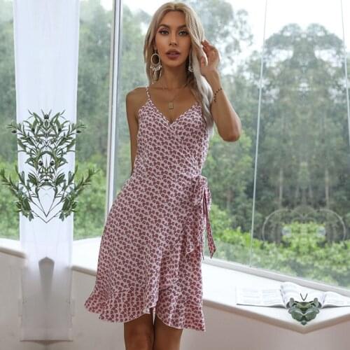 Halter Strap Floral Printed Dress Womens Sexy Backless Small Bouquet Waist Tie Irregular Dresses Summer Female Slim Suspender