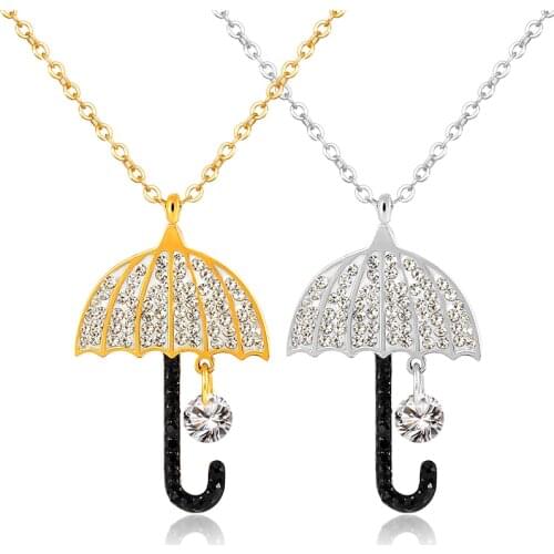 Cute Umbrella Design Cubic Zirconia Pendant Necklace For Women Choker Clavicle Necklace Stainless Steel Jewelry Party Collar