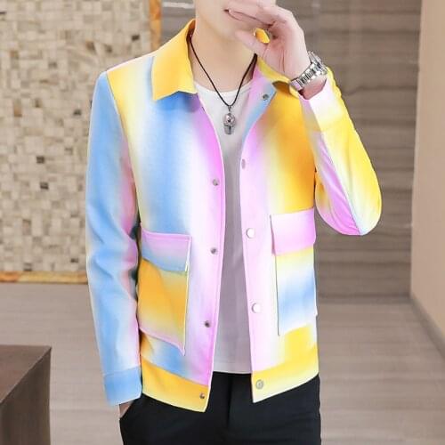 2021 Mens Spring Casual Polo Collar Jacket Youth Gradient Color Trendy Slim Jacket