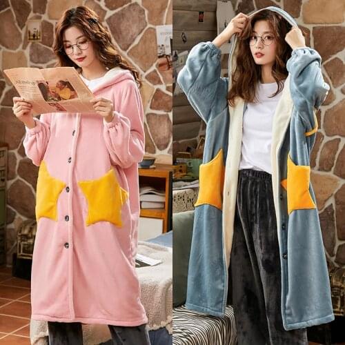 Night gown new coral fleece pajamas for autumn and winter womens long-sleeve cardigan bathrobe warm home service Gowns пижама