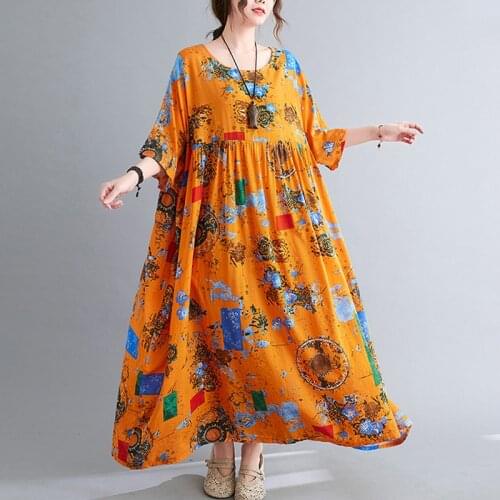 New Arrival 2021 Summer Women Dress Sundress Plus Size 4XL 5XL 6XL Printed Maxi Dress Robe Female Oversize Cotton Linen Dresses