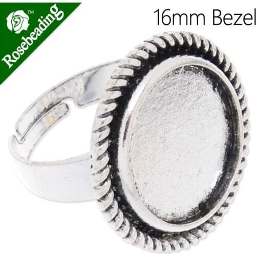 16mm Antique Silver plated Ring Setting With bezel,adjustable,fit 16mm round cabochon,Sold 20pcs/lot-C3792