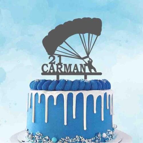 Personalized Paragliding Cake Topper Custom Name Age Parachute Jumping Silhouette For Paraglider Birthday Party Decoration
