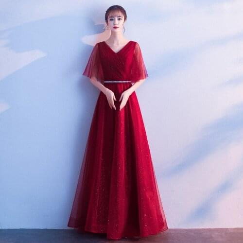 Special Occasion Dresses Burgundy Pleat Short Sleeves Sequins Elegant A-Line V-Neck Floor-Length Lady Formal Party Gown E1075