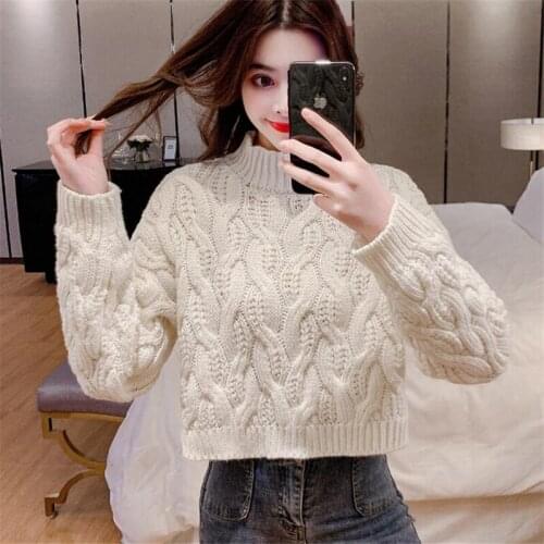2021 Spring Autumn Fashion New Style Short Half High Collar Long Sleeve Twist Loose Pullover Sweater Top Women Trendy H201