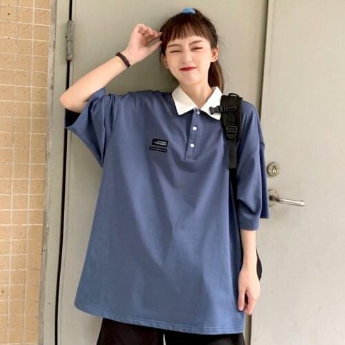 Preppy Style Multi-Color Female Polo T-Shirt Japanese Kawaii Unisex Clothes Oversized Vintage Top Tee Hip-Hop Clothes For Girls