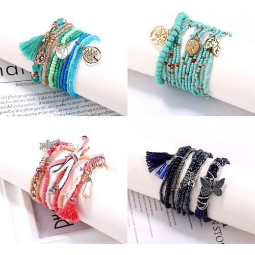 Bohemia Tassel Charm Beads Heart Butterfly Bracelets Set For Women Life Tree Multilayer Wrap Bracelet Wristband Jewelry Bijoux